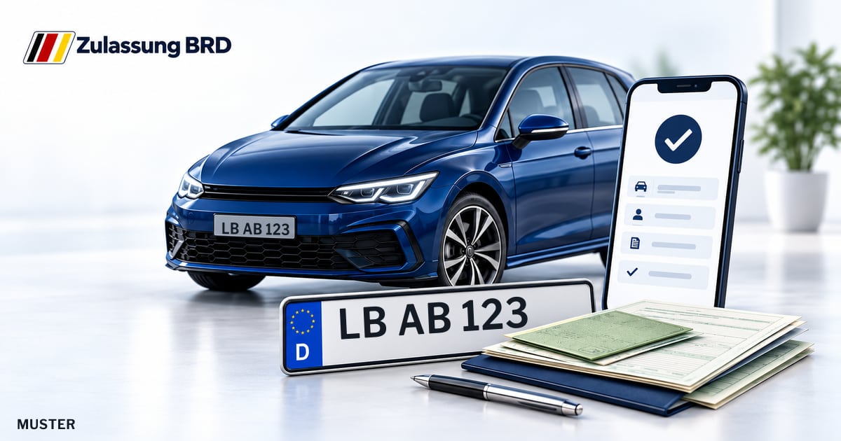 Online Fahrzeugzulassung in Ditzingen: Musterkennzeichen LB AB 123, Auto und Fahrzeugpapiere und Smartphone. Illustration mit Logo von Zulassung BRD.